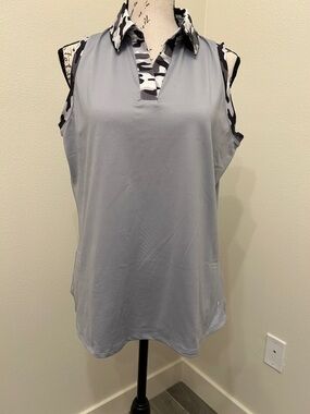Belyn Key Sleeveless Polo Tank Top in Light Gray with Black-White Camo Trim